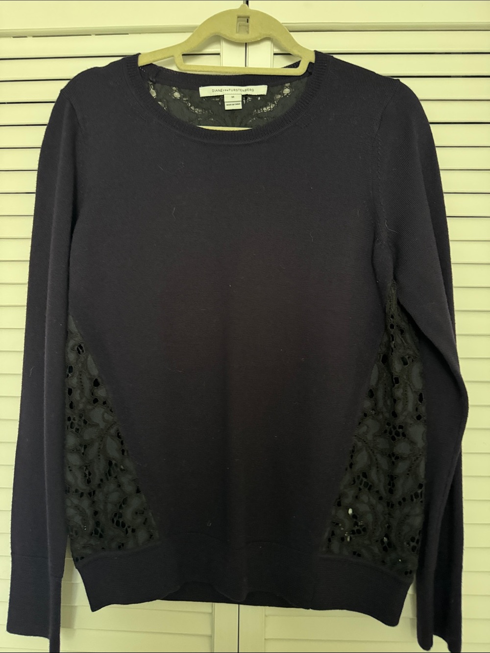 Diane Von Furstenberg Navy Crewneck Sweater with Black Lace Insets